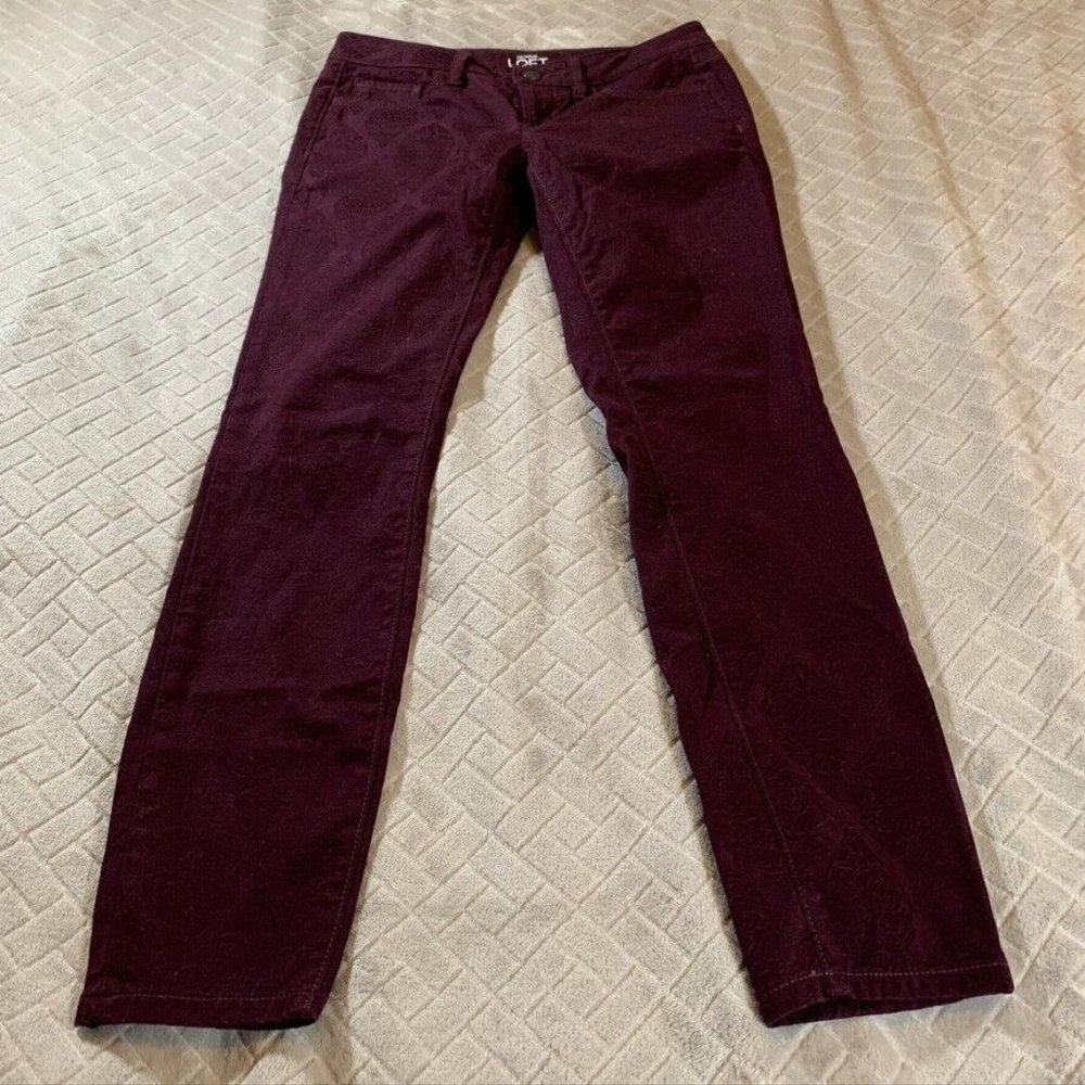 An Taylor Loft Womens 26 Denim Jeans Burgundy Purple Modern Skinny Velvet Floral